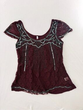 Beaded Sequin Lace Top By Vanity — Sheer Embellished Dark Fairy Blouse Small